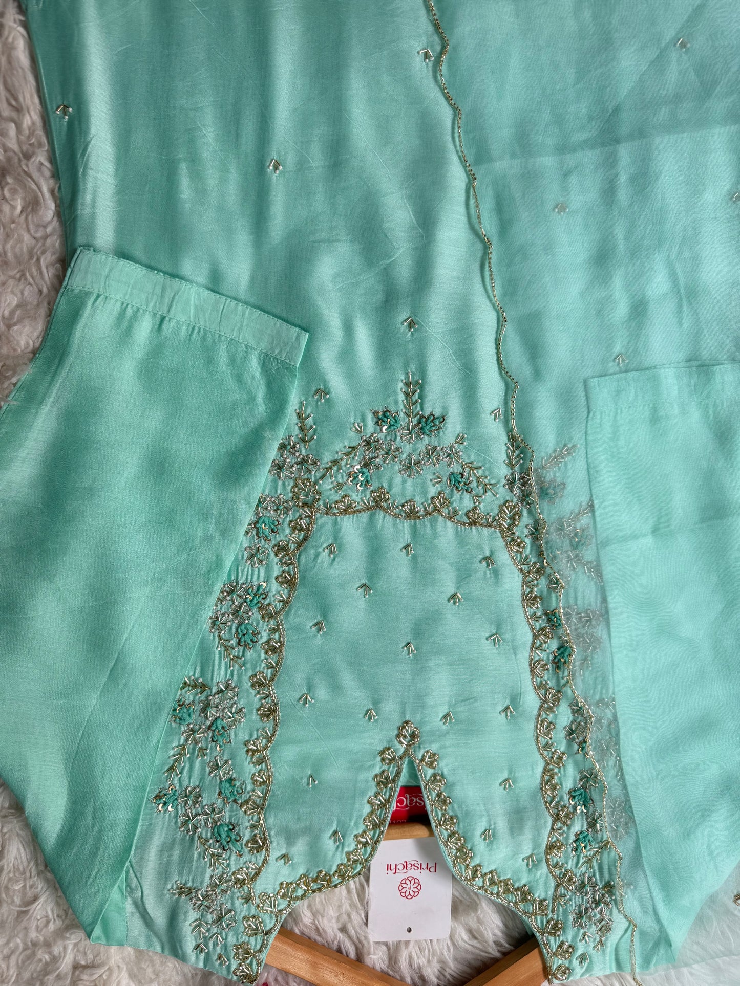 Sky blue Embroidered kurta Pant with dupatta with Zardosi work