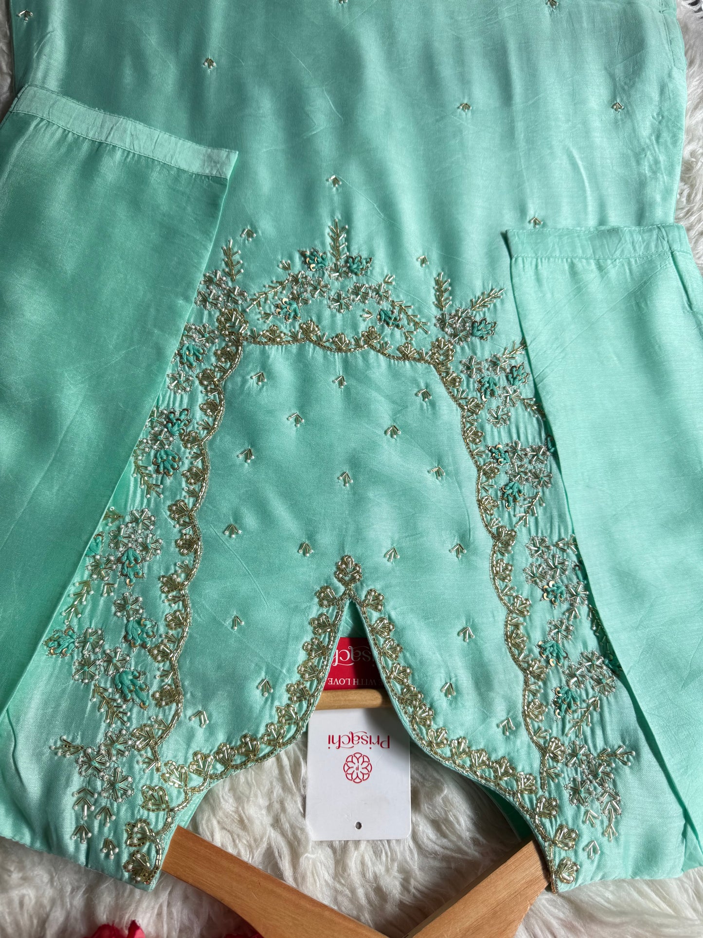 Sky blue Embroidered kurta Pant with dupatta with Zardosi work