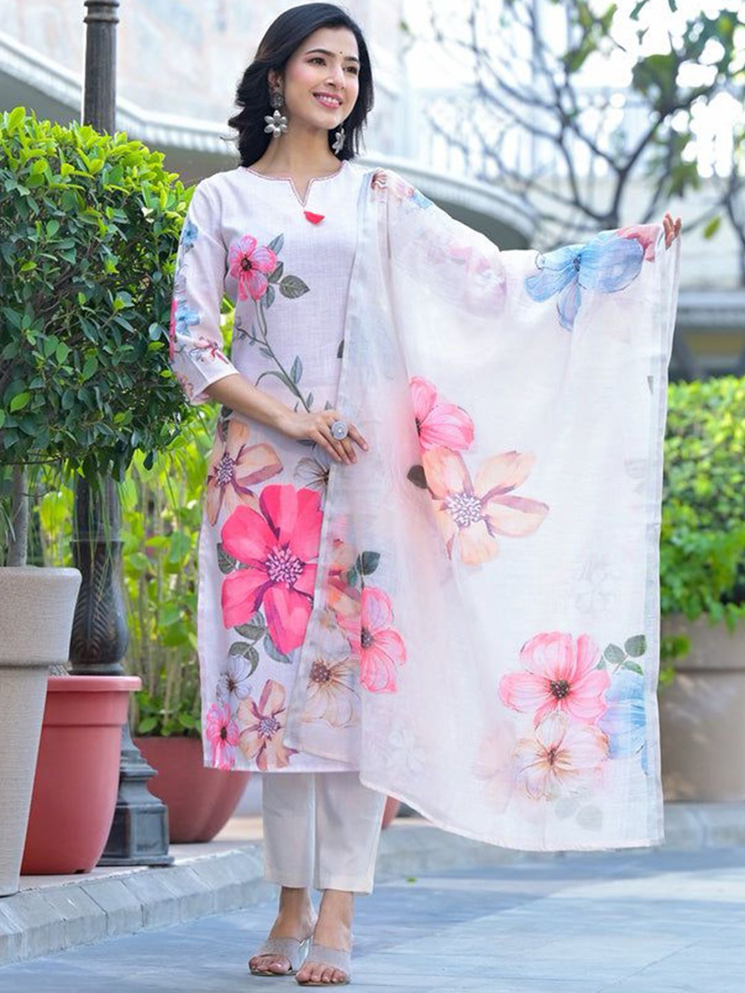 Off white Cotton Kurti Pant With Dupatta