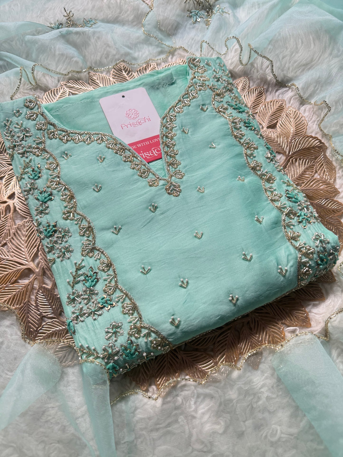 Sky blue Embroidered kurta Pant with dupatta with Zardosi work