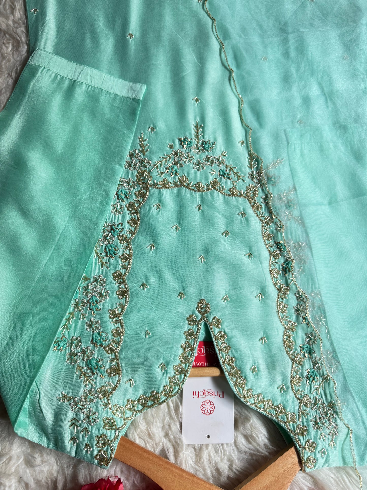 Sky blue Embroidered kurta Pant with dupatta with Zardosi work