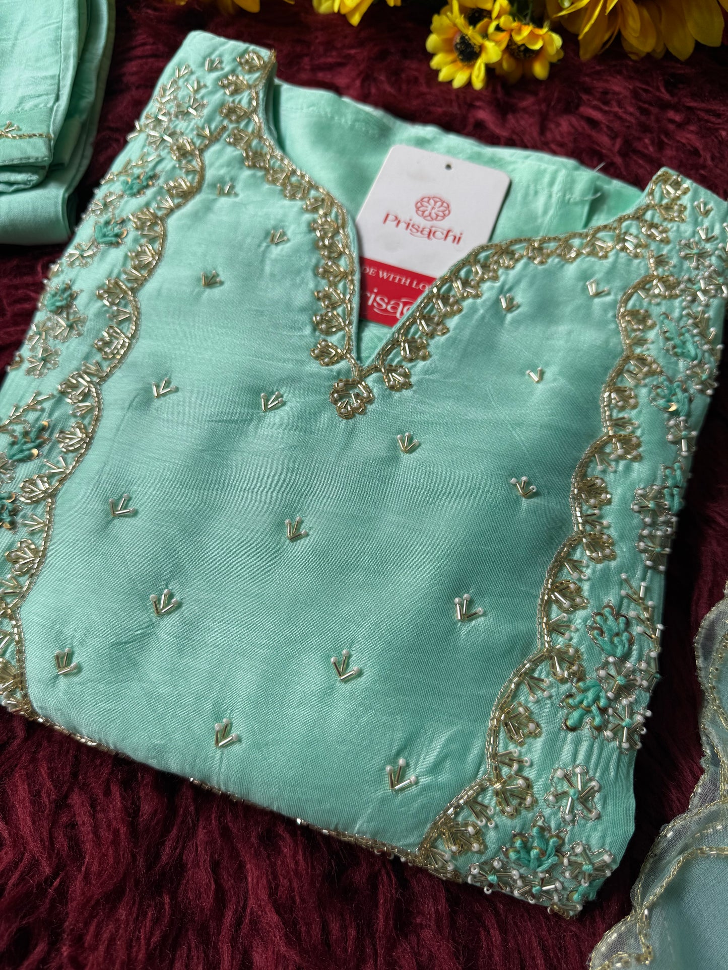 Sky blue Embroidered kurta Pant with dupatta with Zardosi work