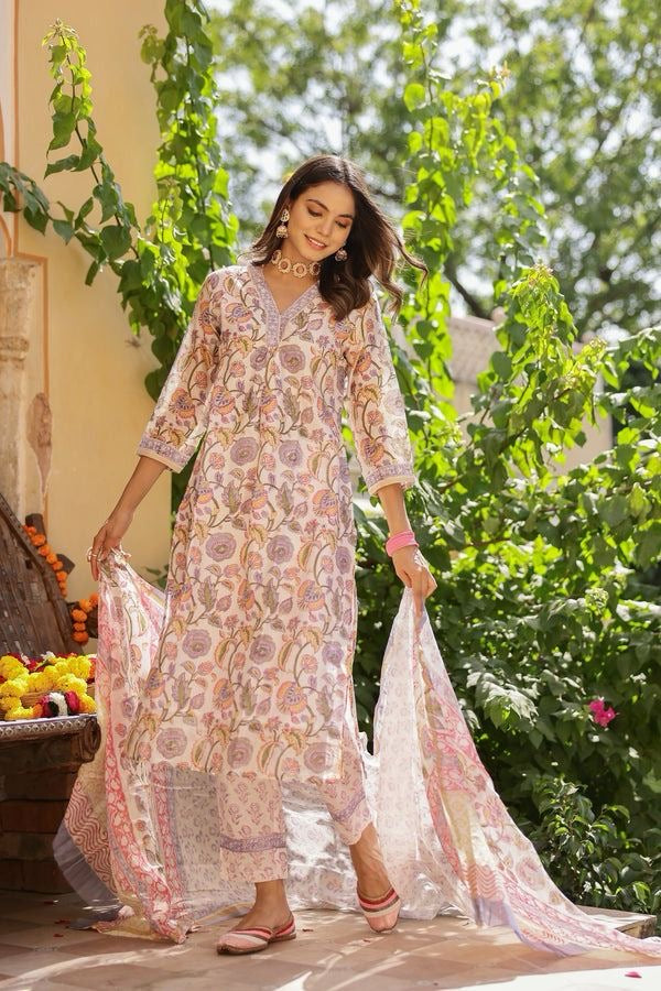 Peach Cotton Kurti Pant With Dupatta
