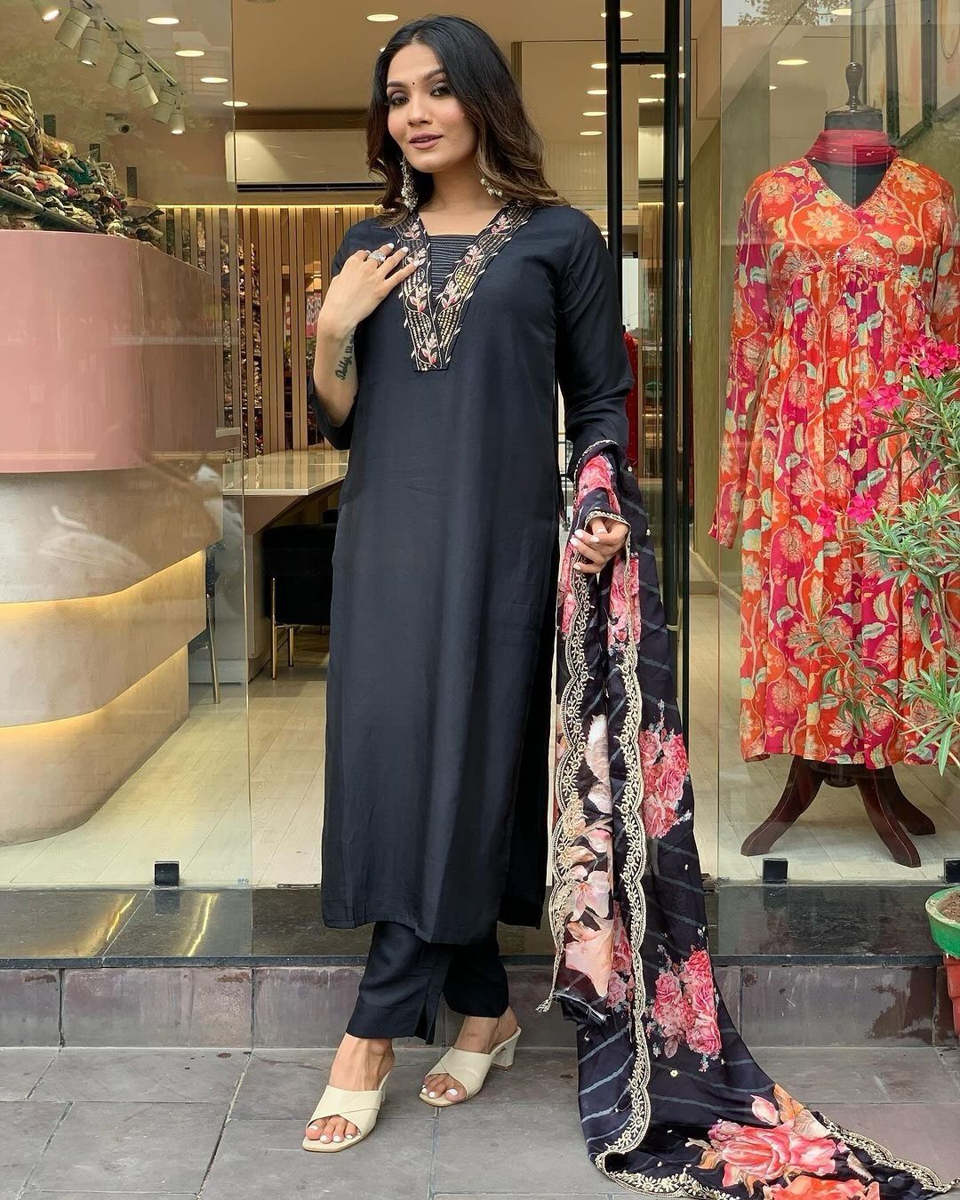 Black embroidered kurta set with dupatta