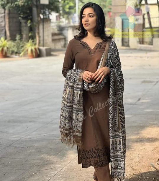 Brown Cotton Kurti Pant With Dupatta