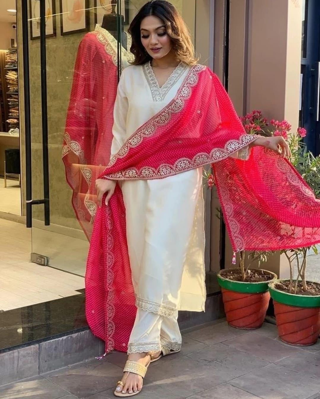 Off White Lilac silk kurta set with organza dupatta