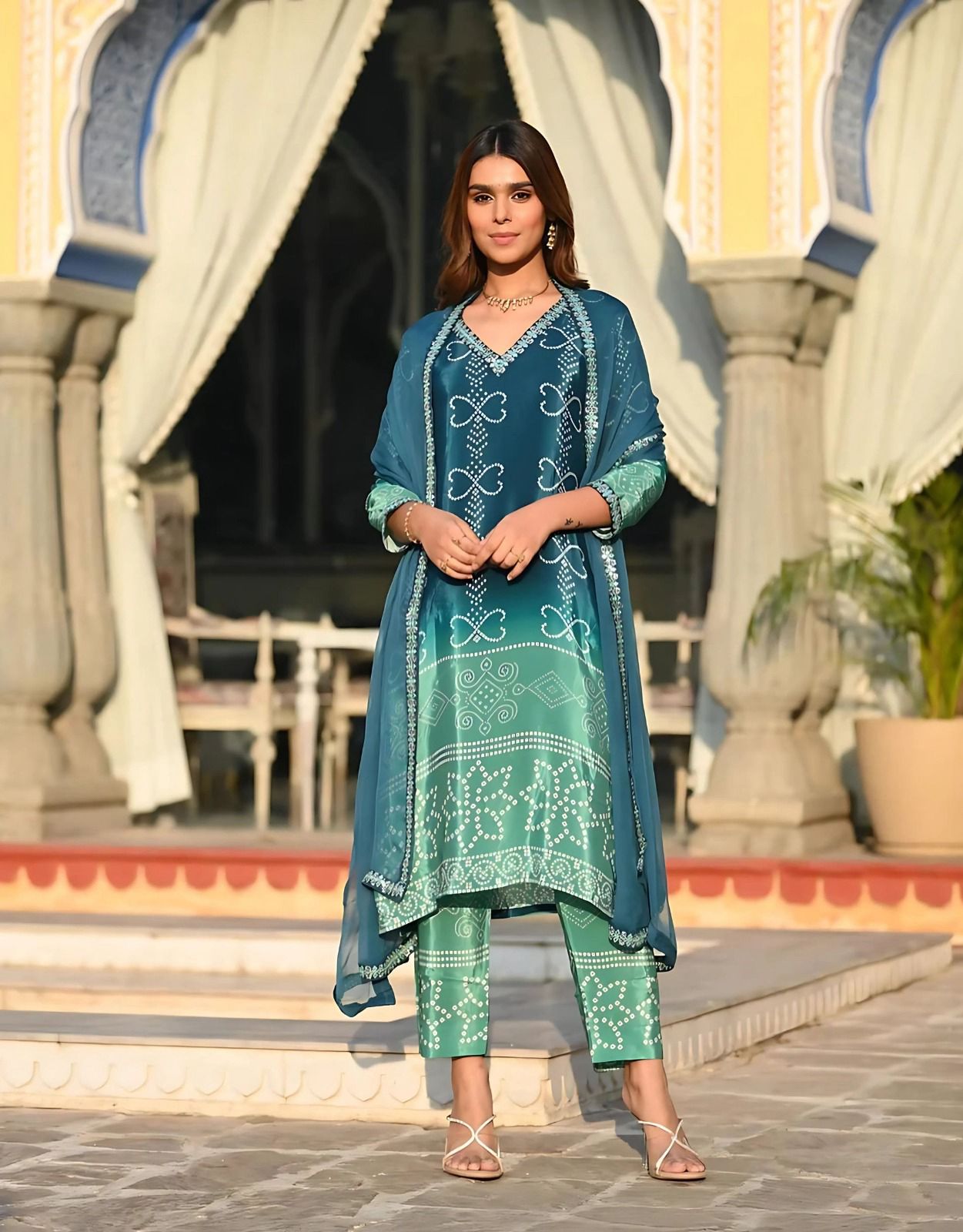 Sea Green Kurti Bottom With bandhej dupatta