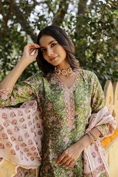 Green Cotton Kurti Pant With Dupatta