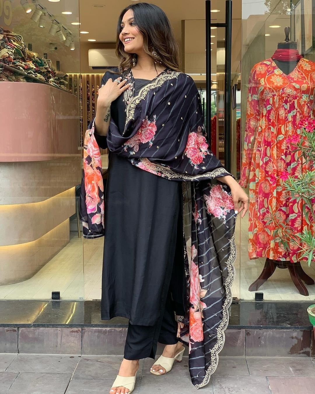 Black embroidered kurta set with dupatta
