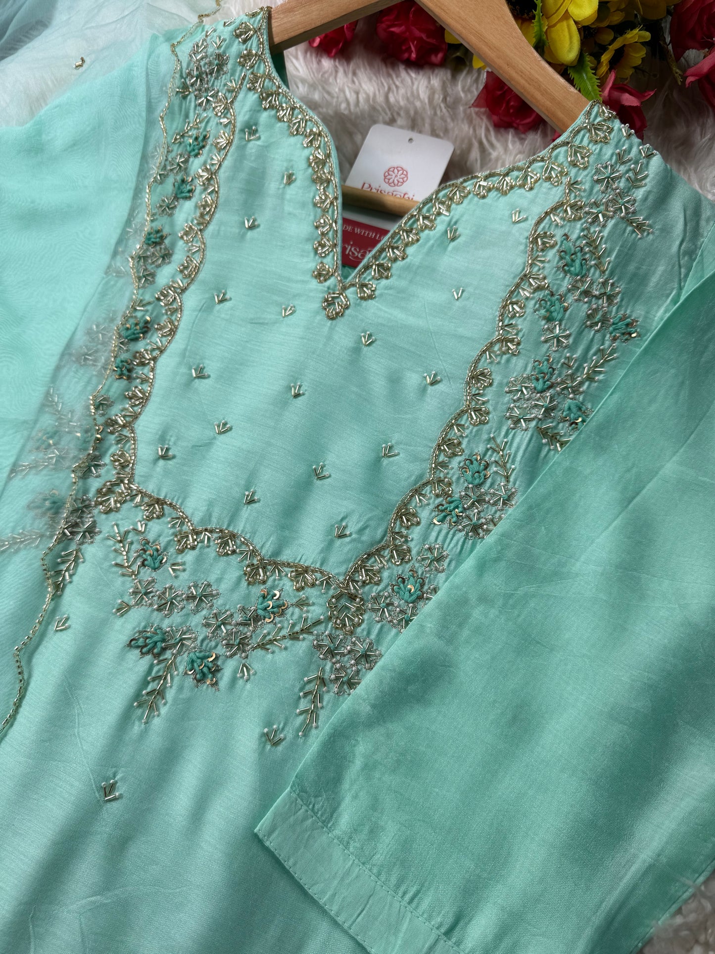 Sky blue Embroidered kurta Pant with dupatta with Zardosi work
