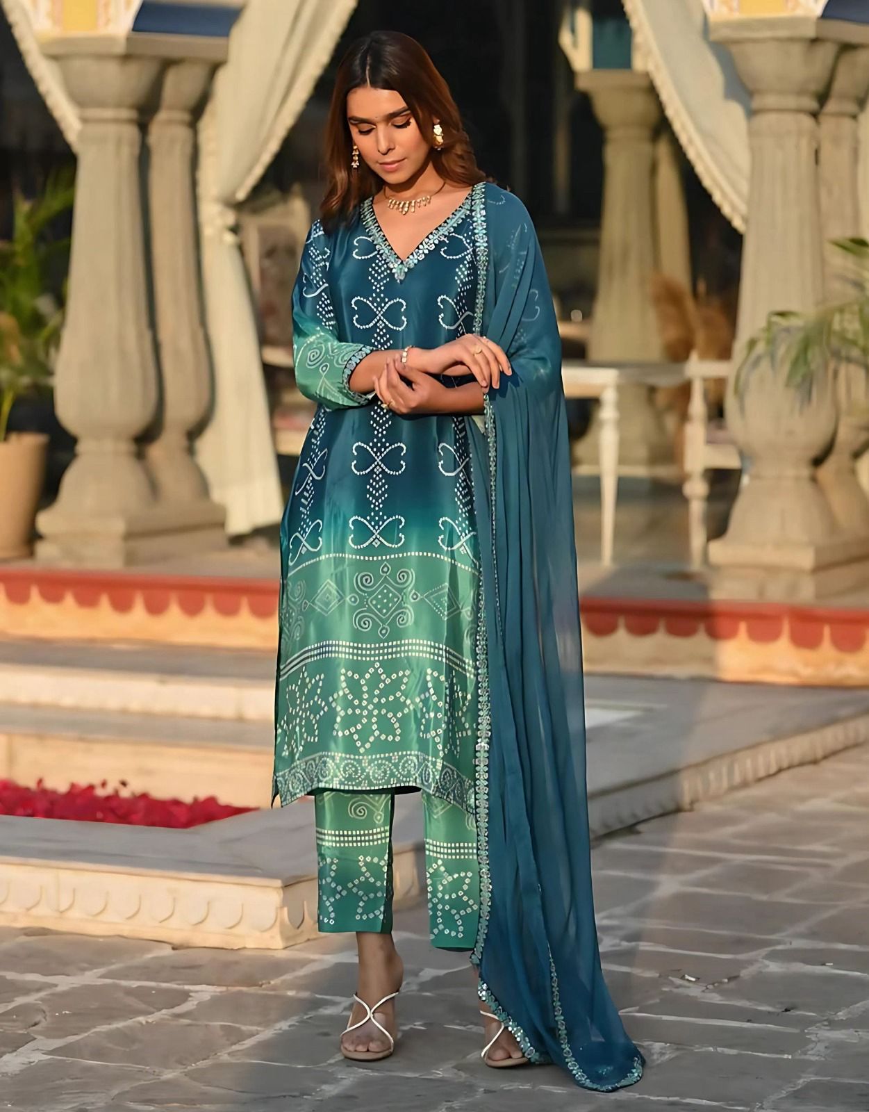 Sea Green Kurti Bottom With bandhej dupatta