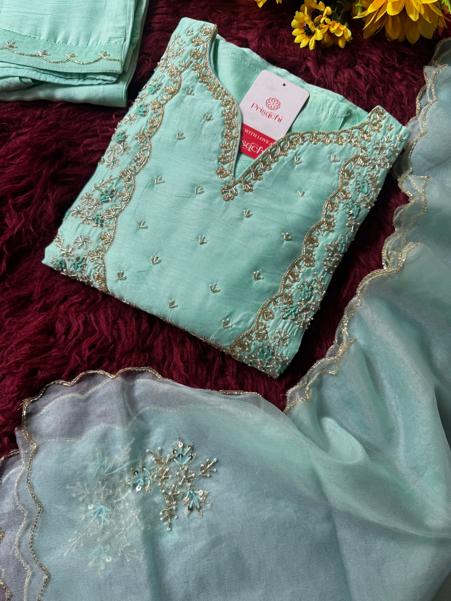 Sky blue Embroidered kurta Pant with dupatta with Zardosi work