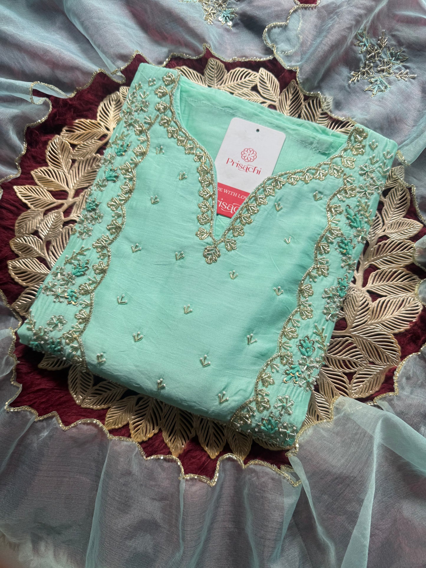 Sky blue Embroidered kurta Pant with dupatta with Zardosi work