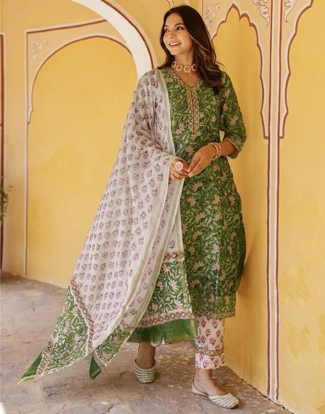 Green Cotton Kurti Pant With Dupatta