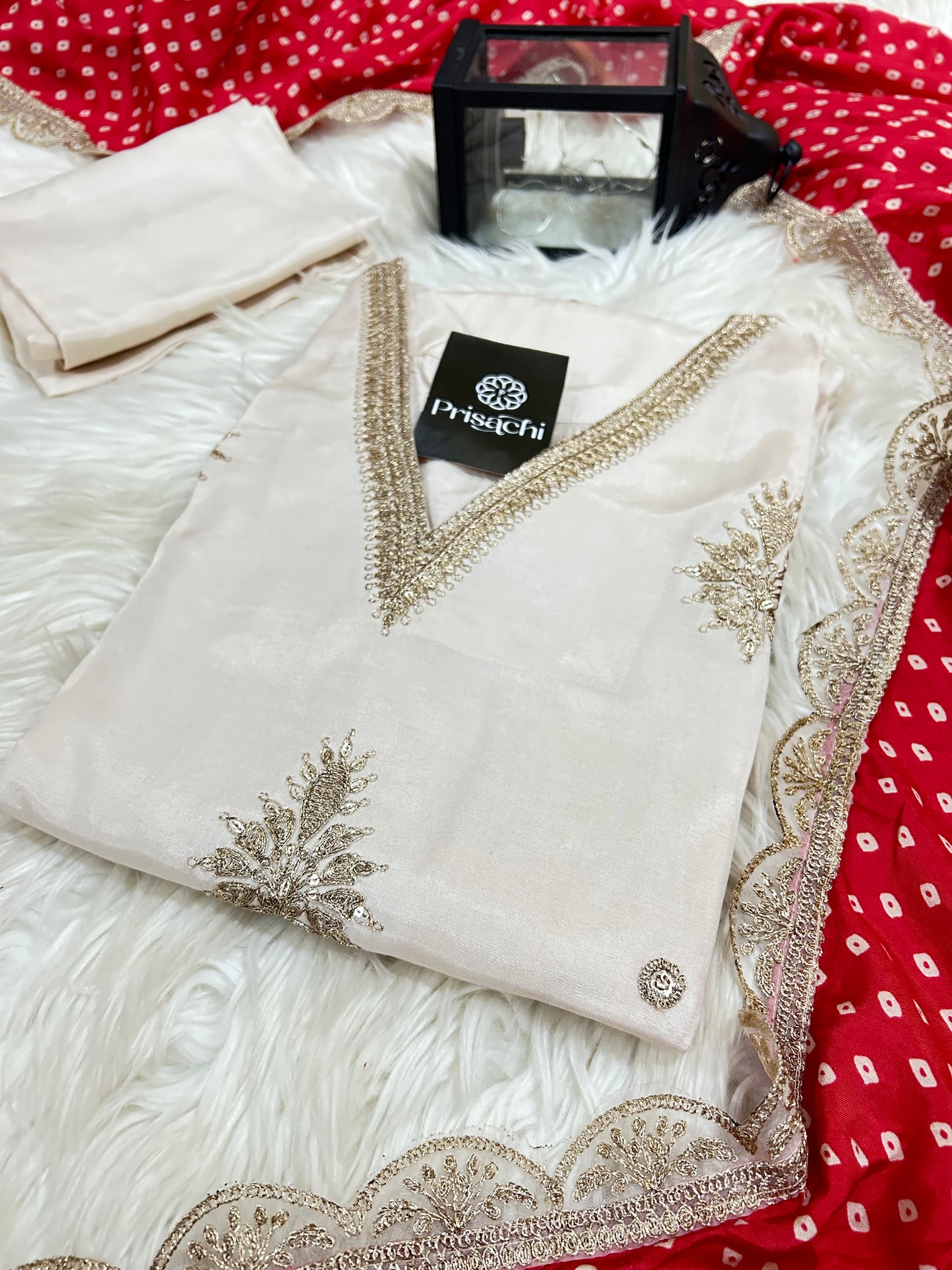 Off White Lilac silk kurta set with red dupatta - Prisachi Official