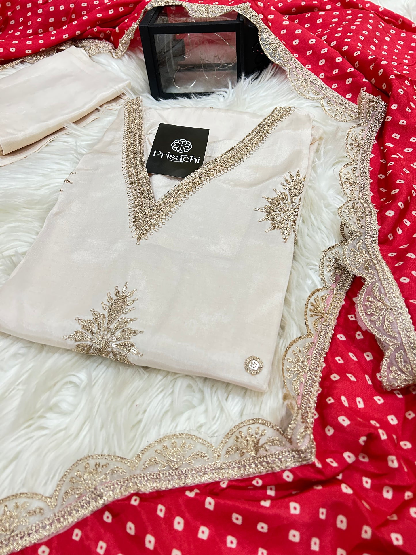 Off White Lilac silk kurta set with red dupatta - Prisachi Official
