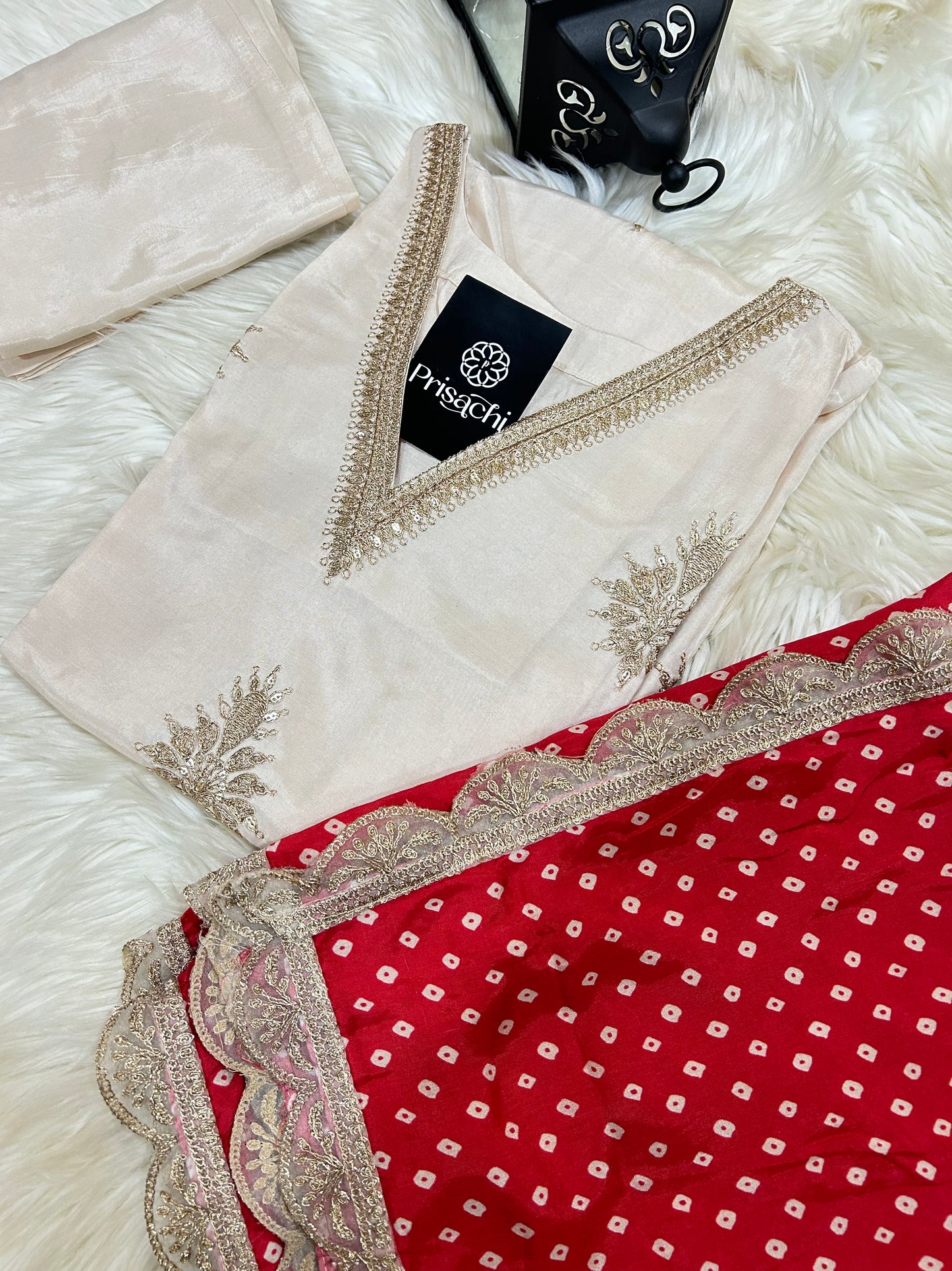 Off White Lilac silk kurta set with red dupatta - Prisachi Official