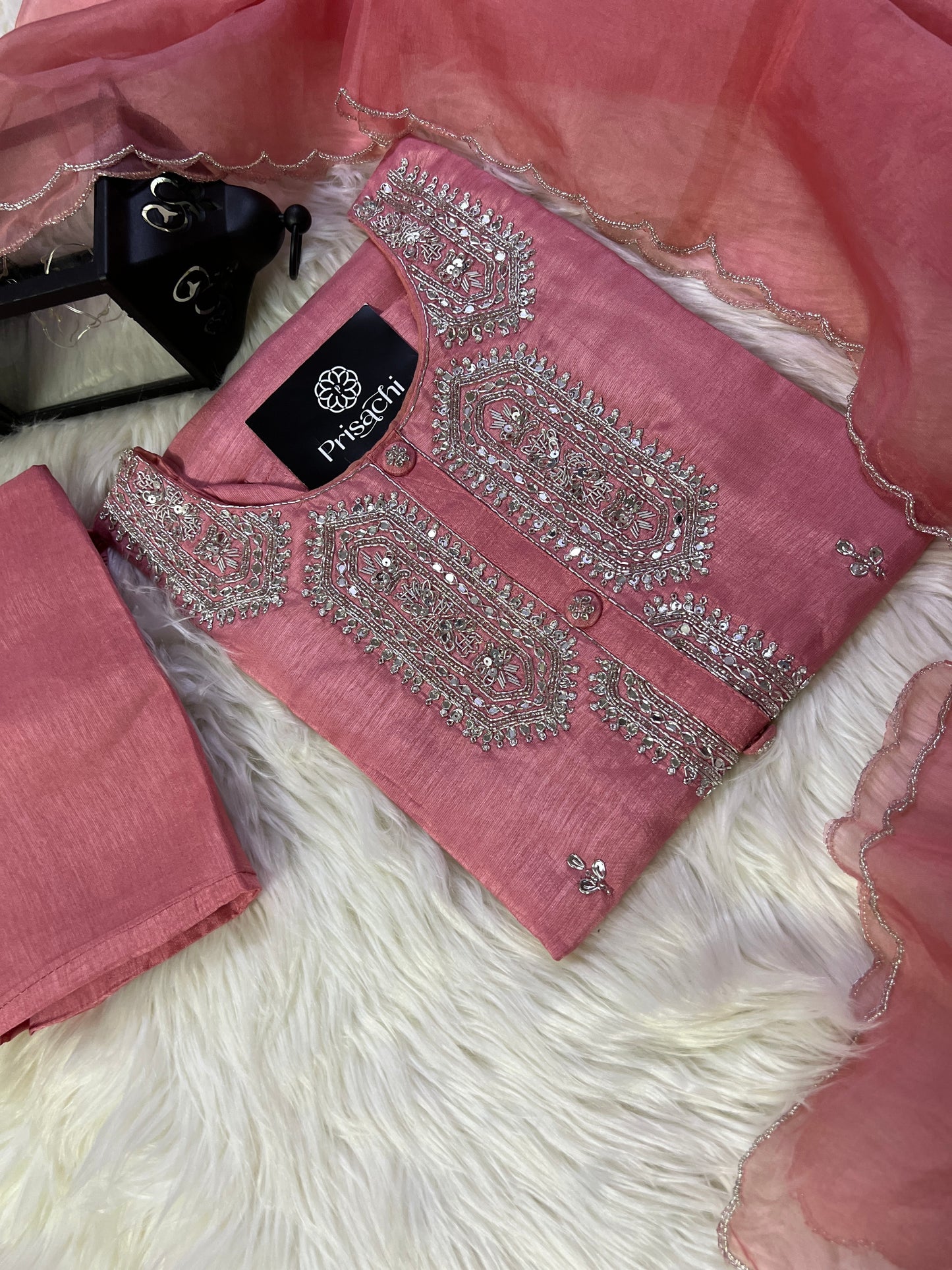 Peach embroidered kurta set with organza dupatta - Prisachi Official