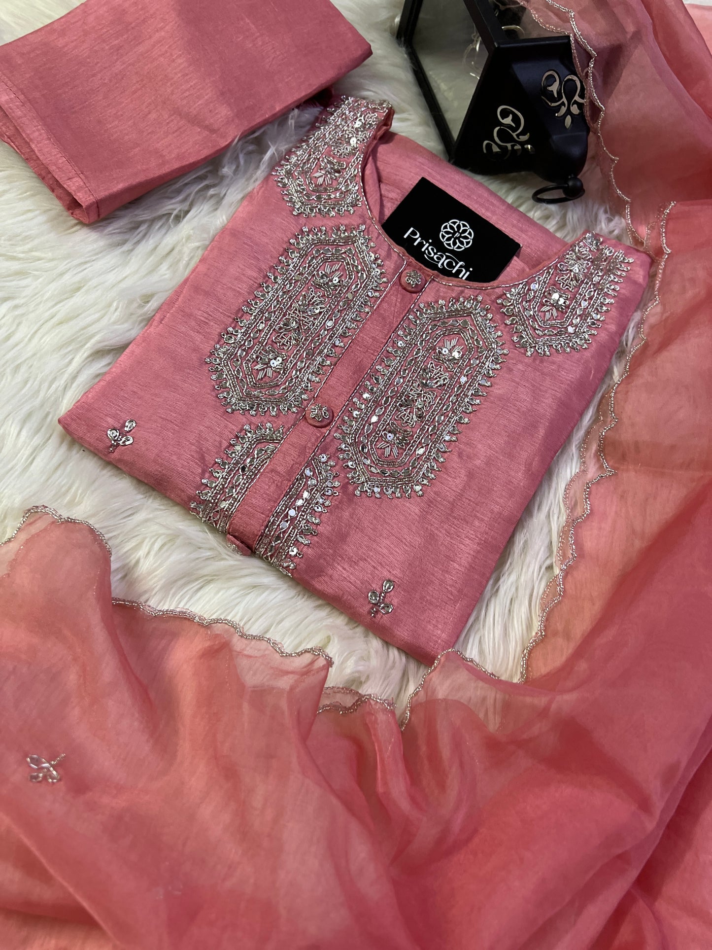 Peach embroidered kurta set with organza dupatta - Prisachi Official