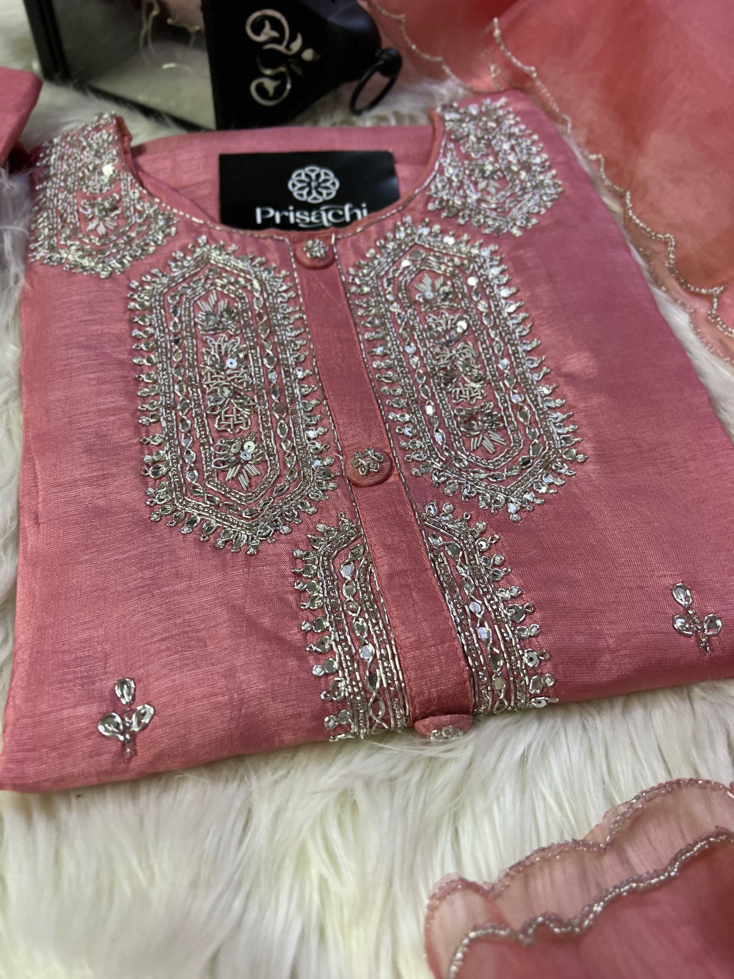Peach embroidered kurta set with organza dupatta - Prisachi Official