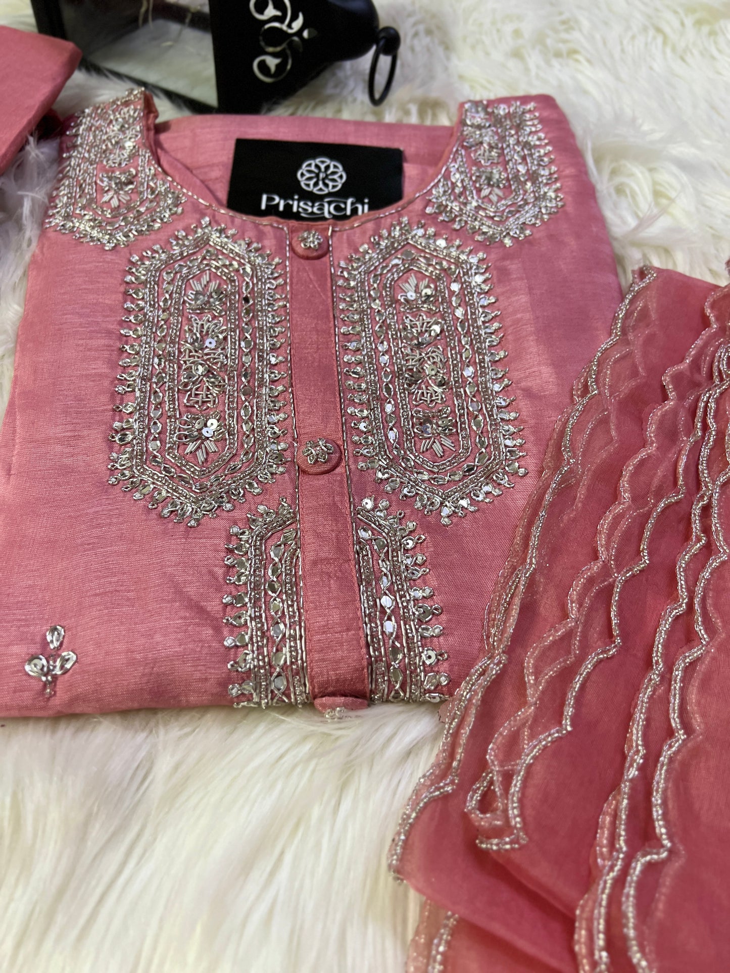 Peach embroidered kurta set with organza dupatta - Prisachi Official