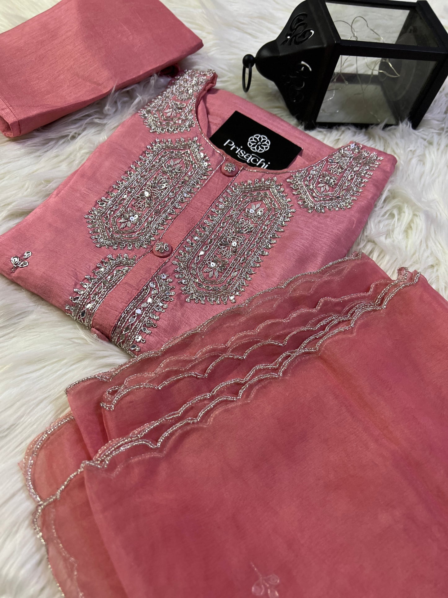Peach embroidered kurta set with organza dupatta - Prisachi Official