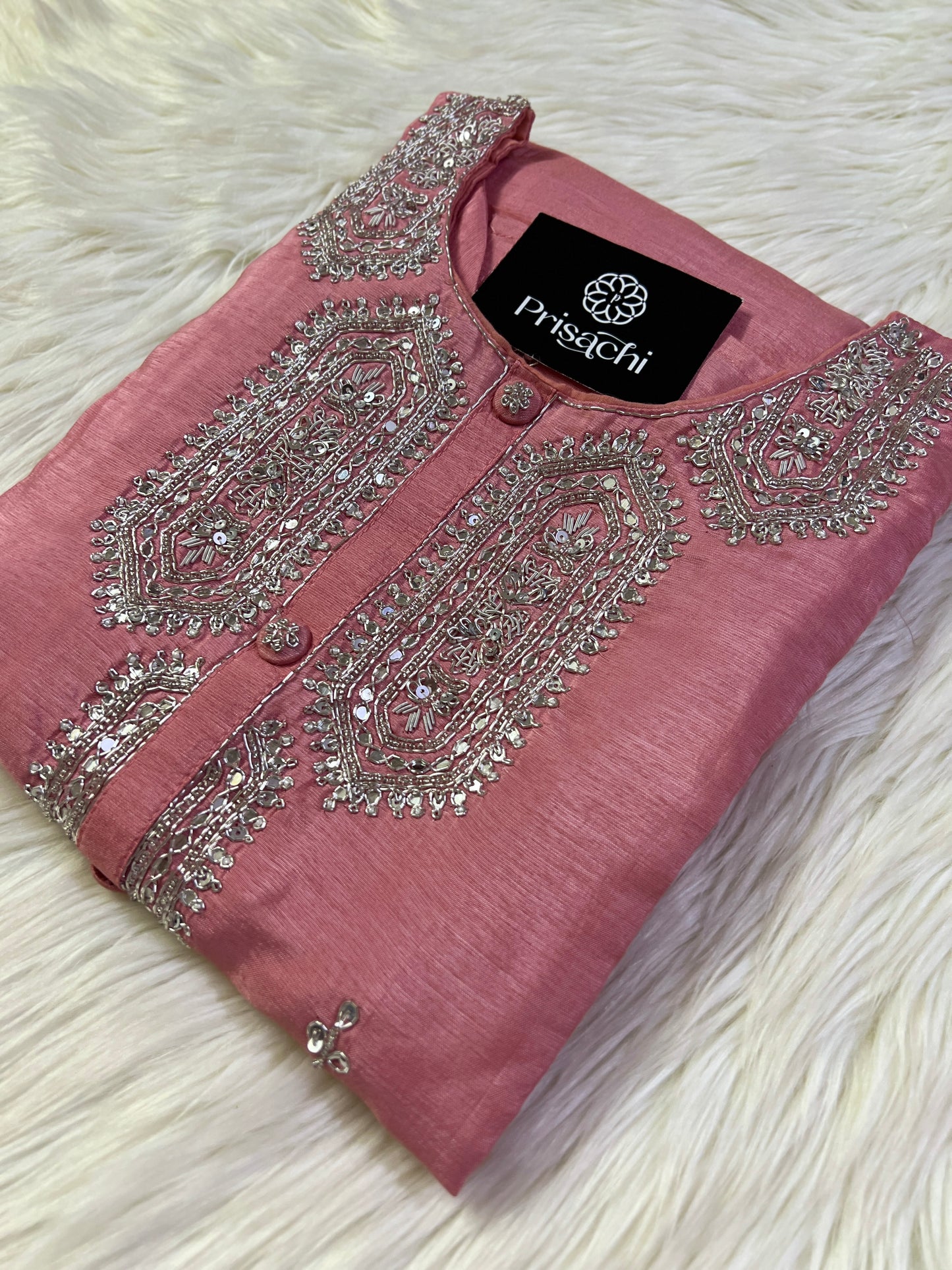 Peach embroidered kurta set with organza dupatta - Prisachi Official