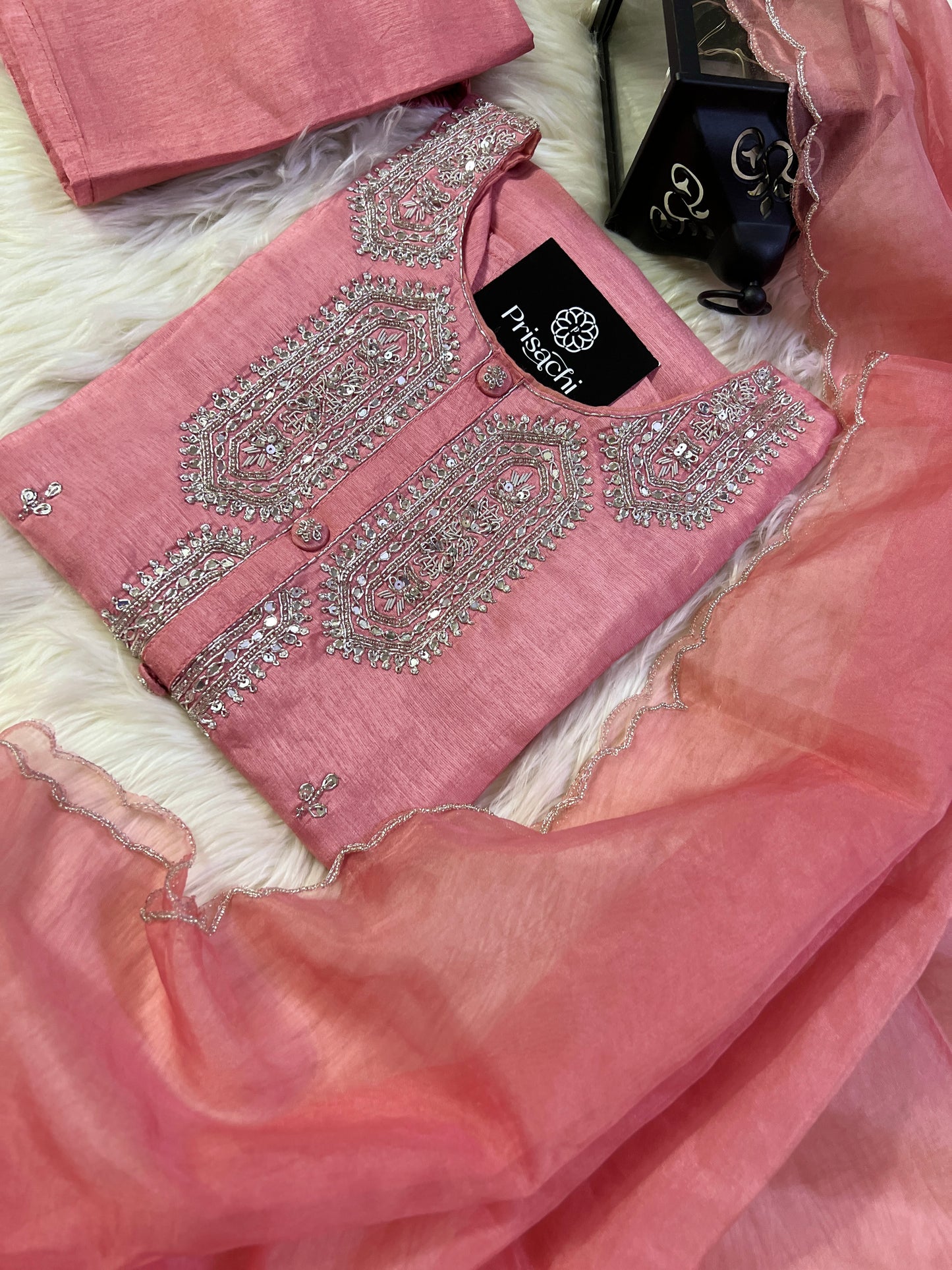 Peach embroidered kurta set with organza dupatta - Prisachi Official