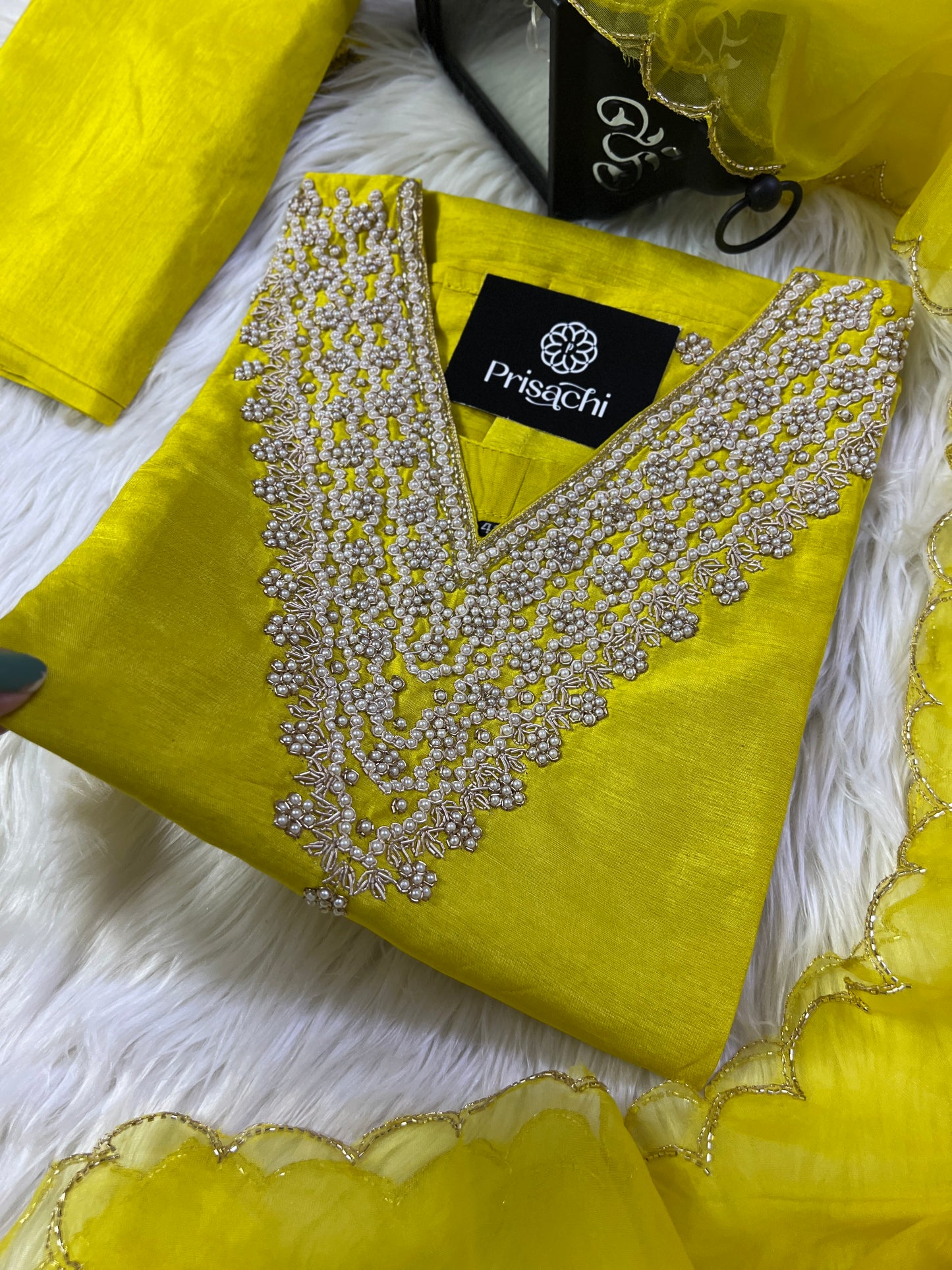 Yellow neck embroidered kurta set with dupatta - Prisachi Official