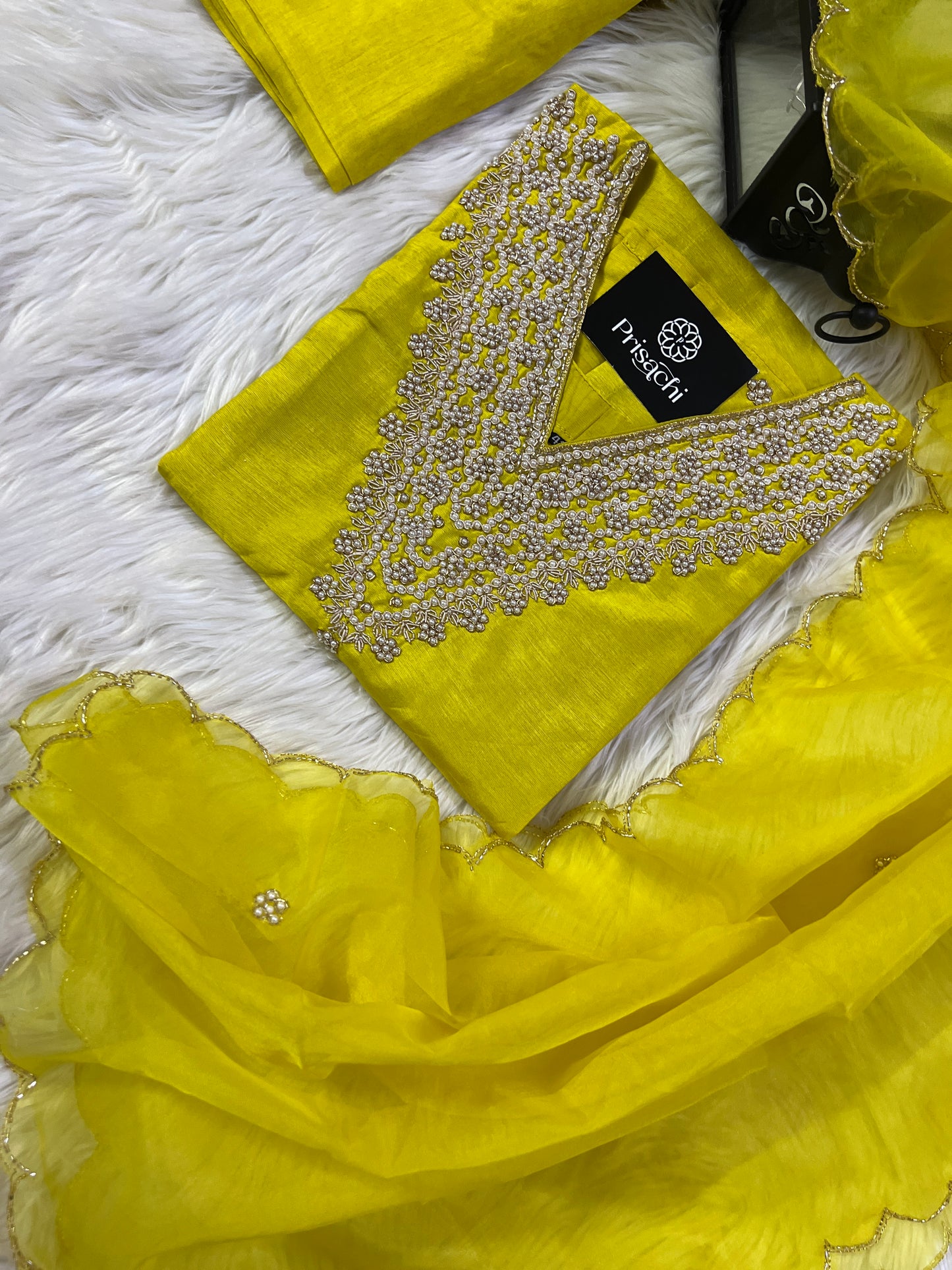 Yellow neck embroidered kurta set with dupatta - Prisachi Official