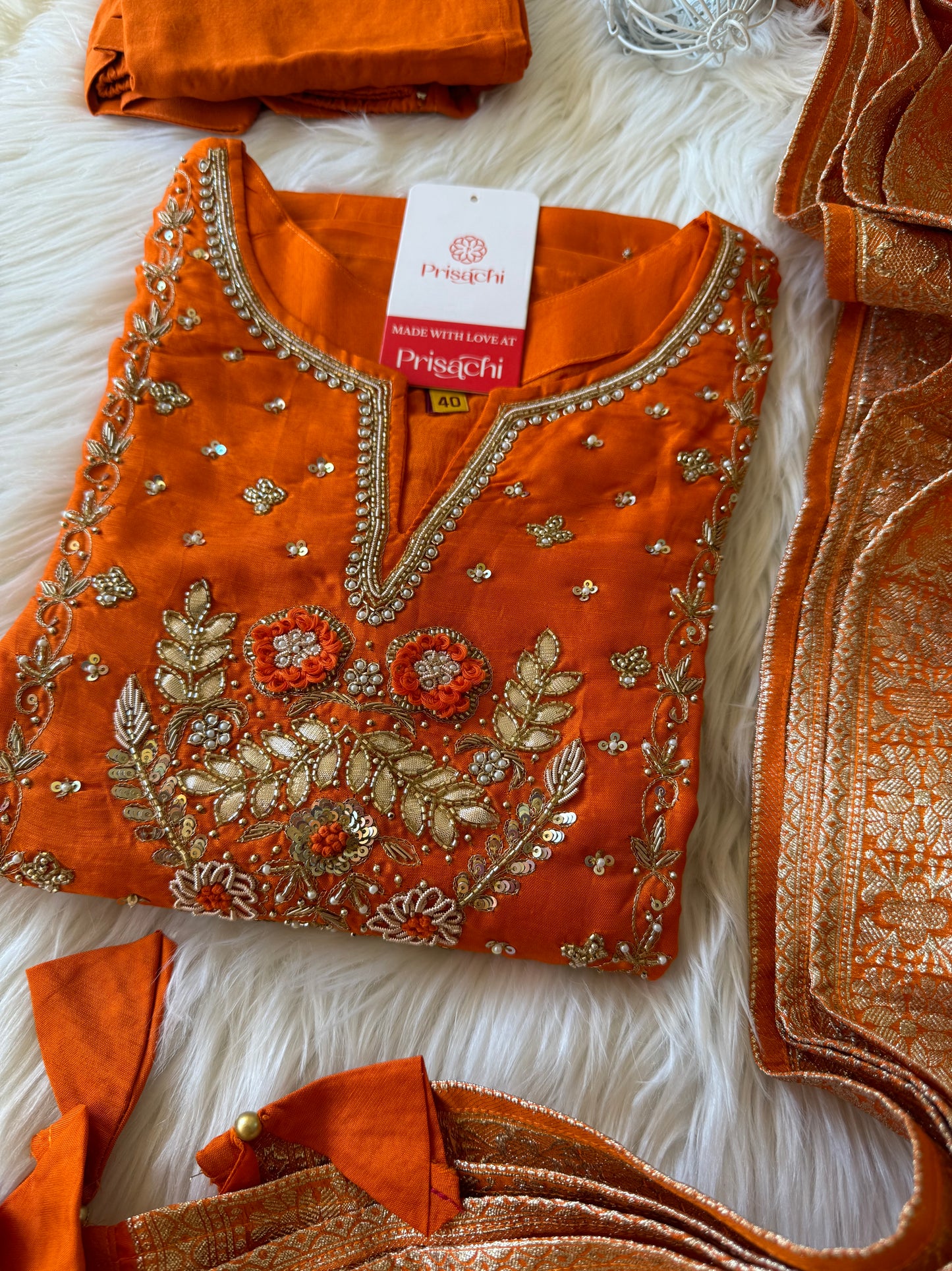 Orange Embroidered Kurta Set With Dupatta