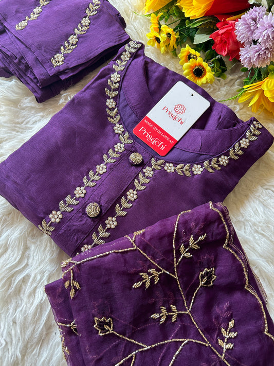 Purple embroidered kurta set with dupatta