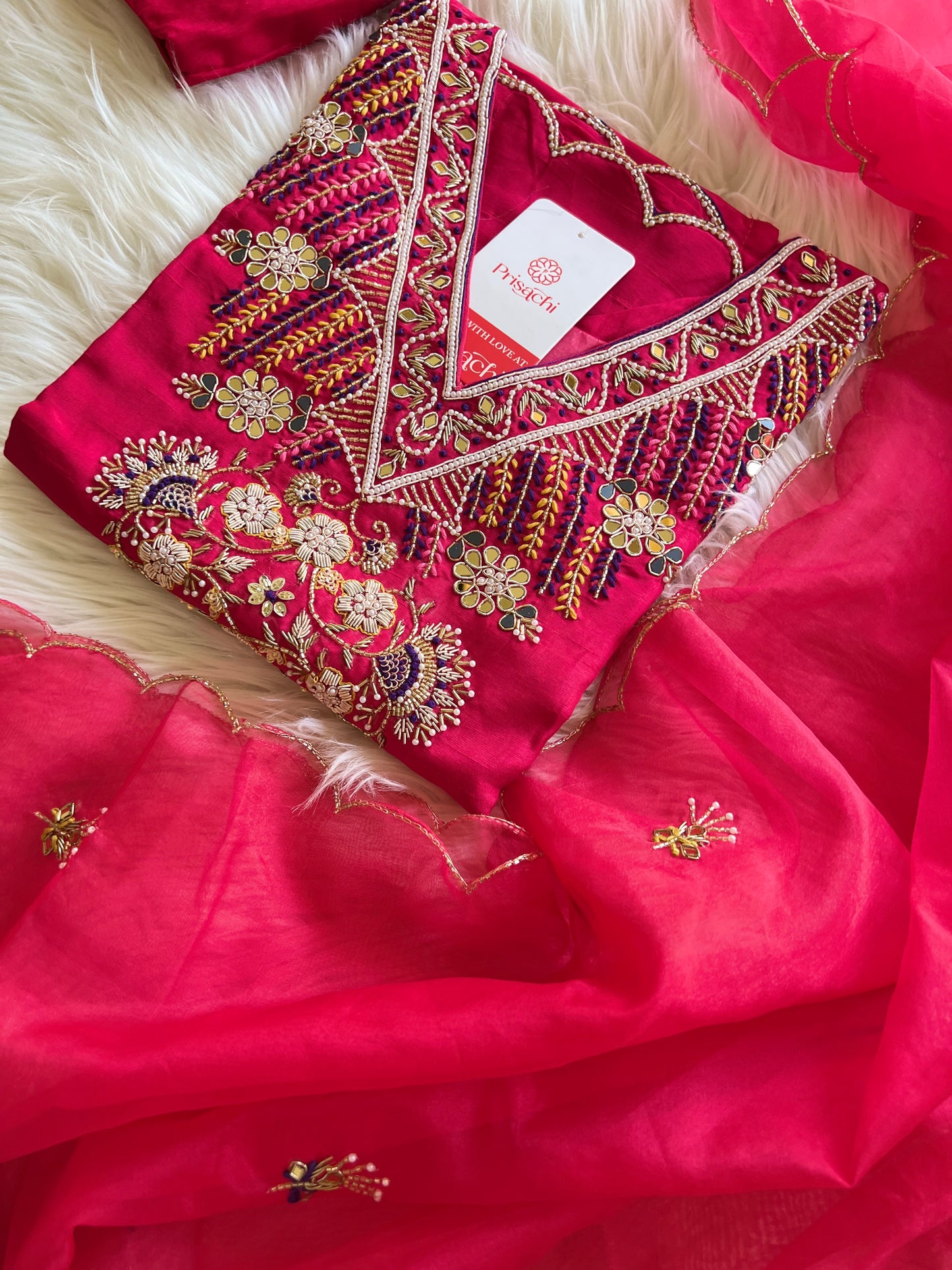 Pink V-Neck embroidered kurta set with dupatta