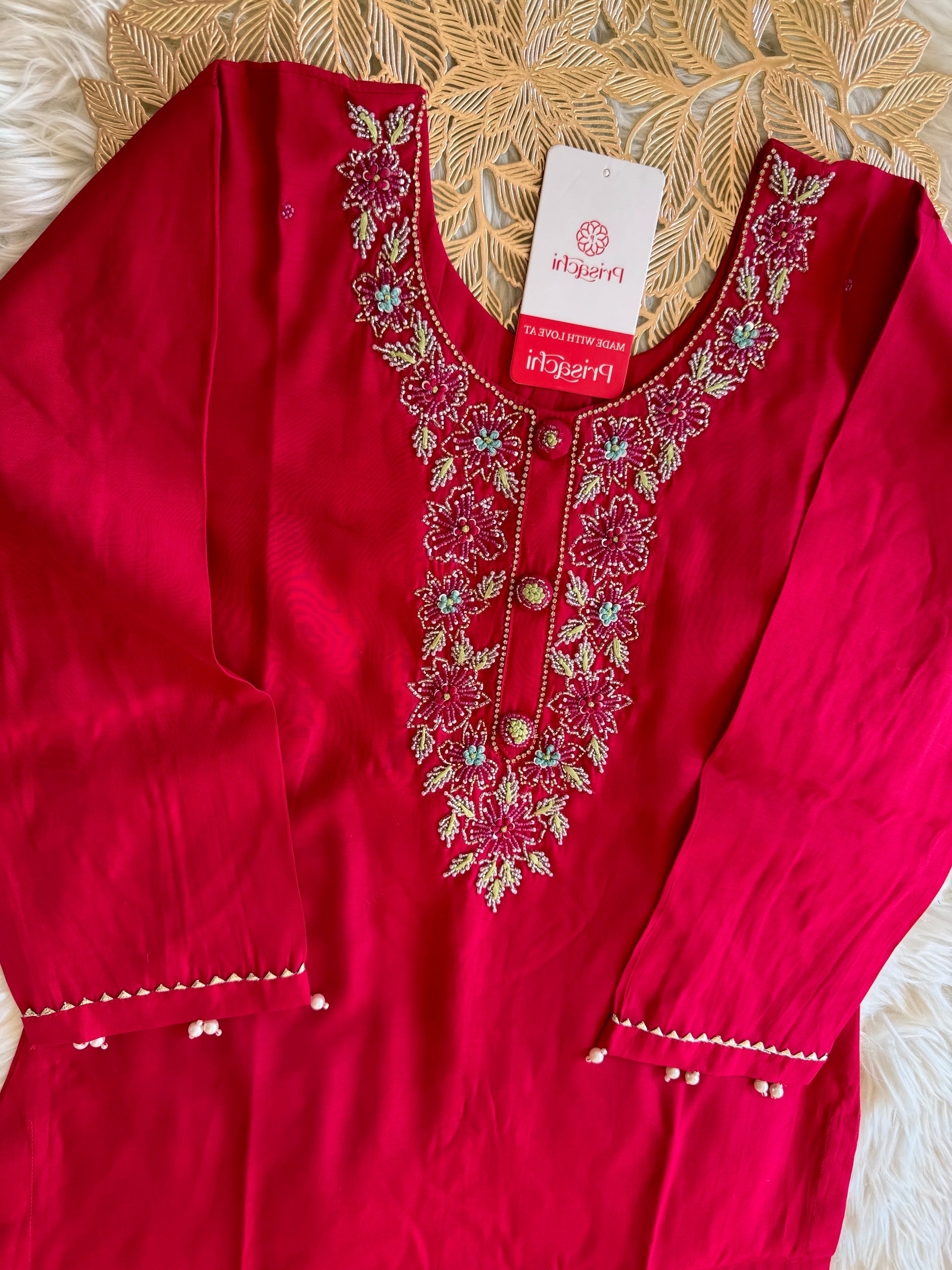 pink neck embroidered kurta set with dupatta - Prisachi Official