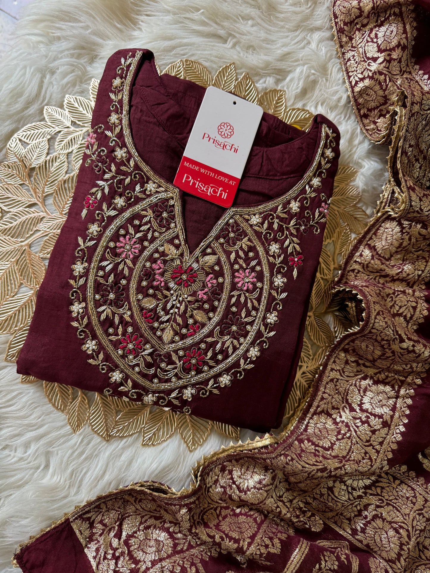 Brown hand embroidered kurta pant  with dupatta