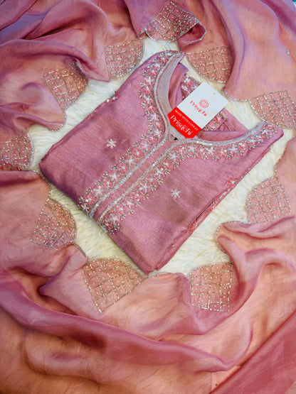 Pink neck embroidered kurta set with dupatta