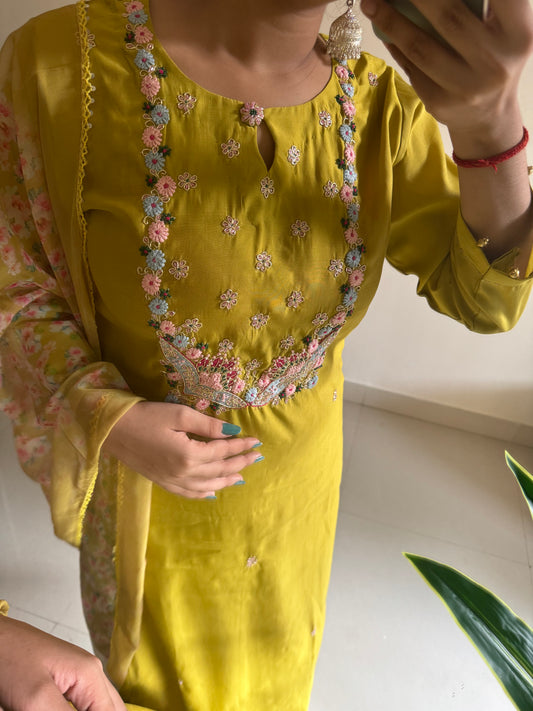 Green Embroidered Straight Kurta Set with Dupatta