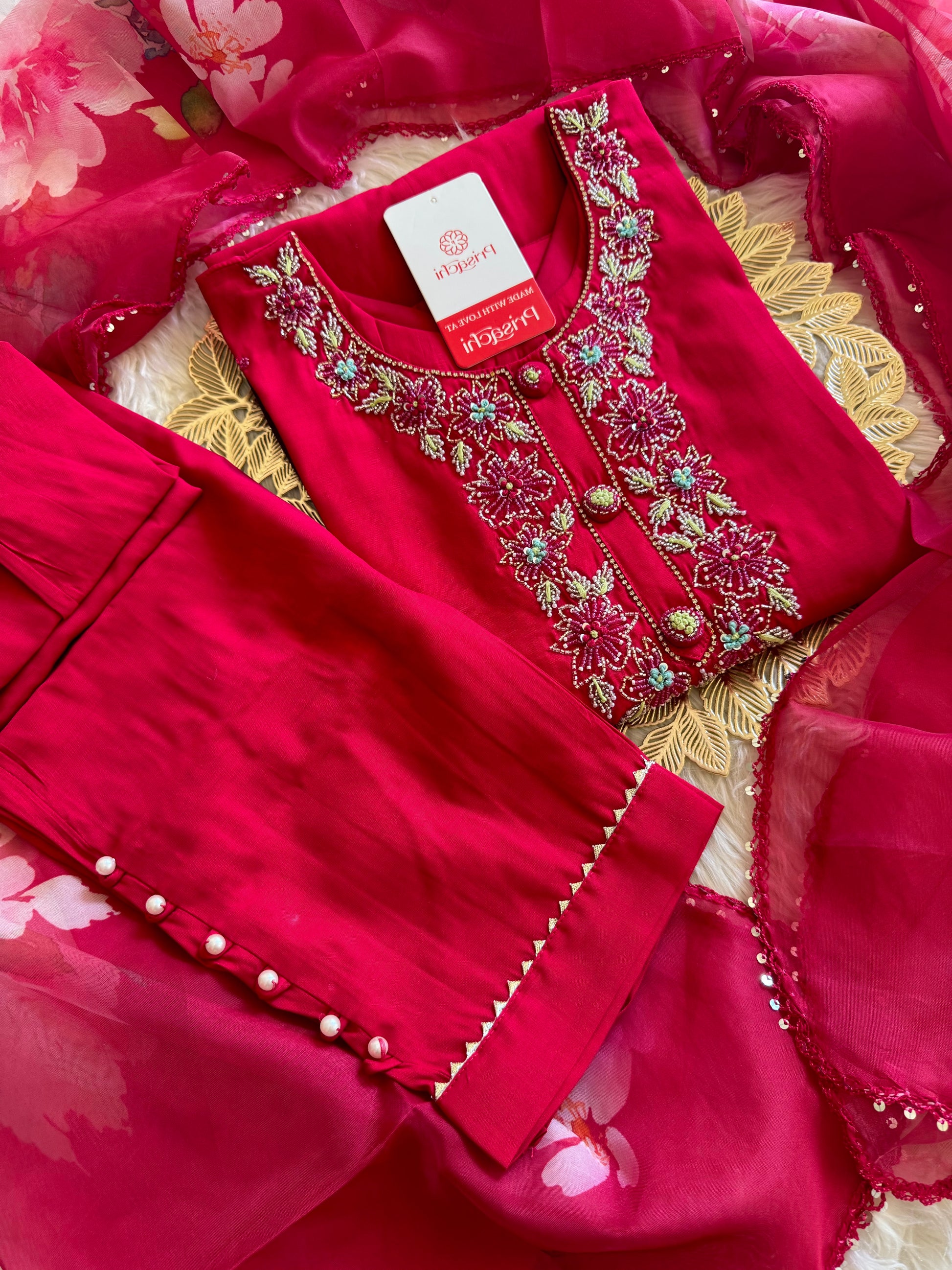 pink neck embroidered kurta set with dupatta - Prisachi Official