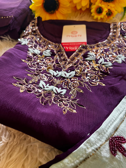 Purple Embroidered kurta set with dupatta with Zardosi work