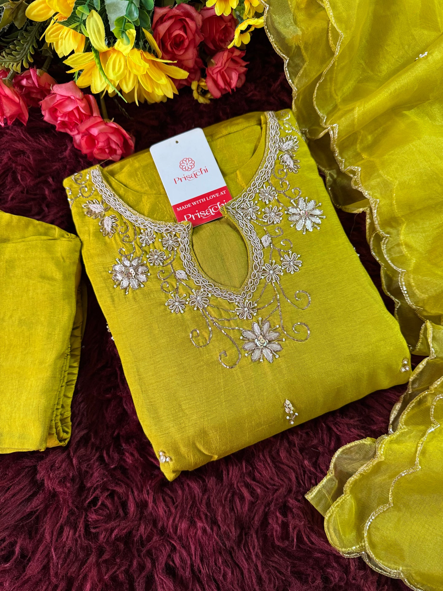 Mustard Yellow Embroidered kurta pant  with dupatta