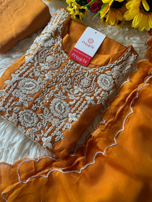 Orange Embroidered Kurta bottom With Dupatta