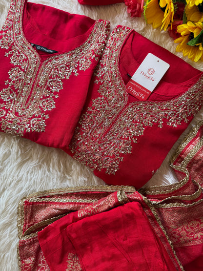 Red Embroidered kurta set with dupatta