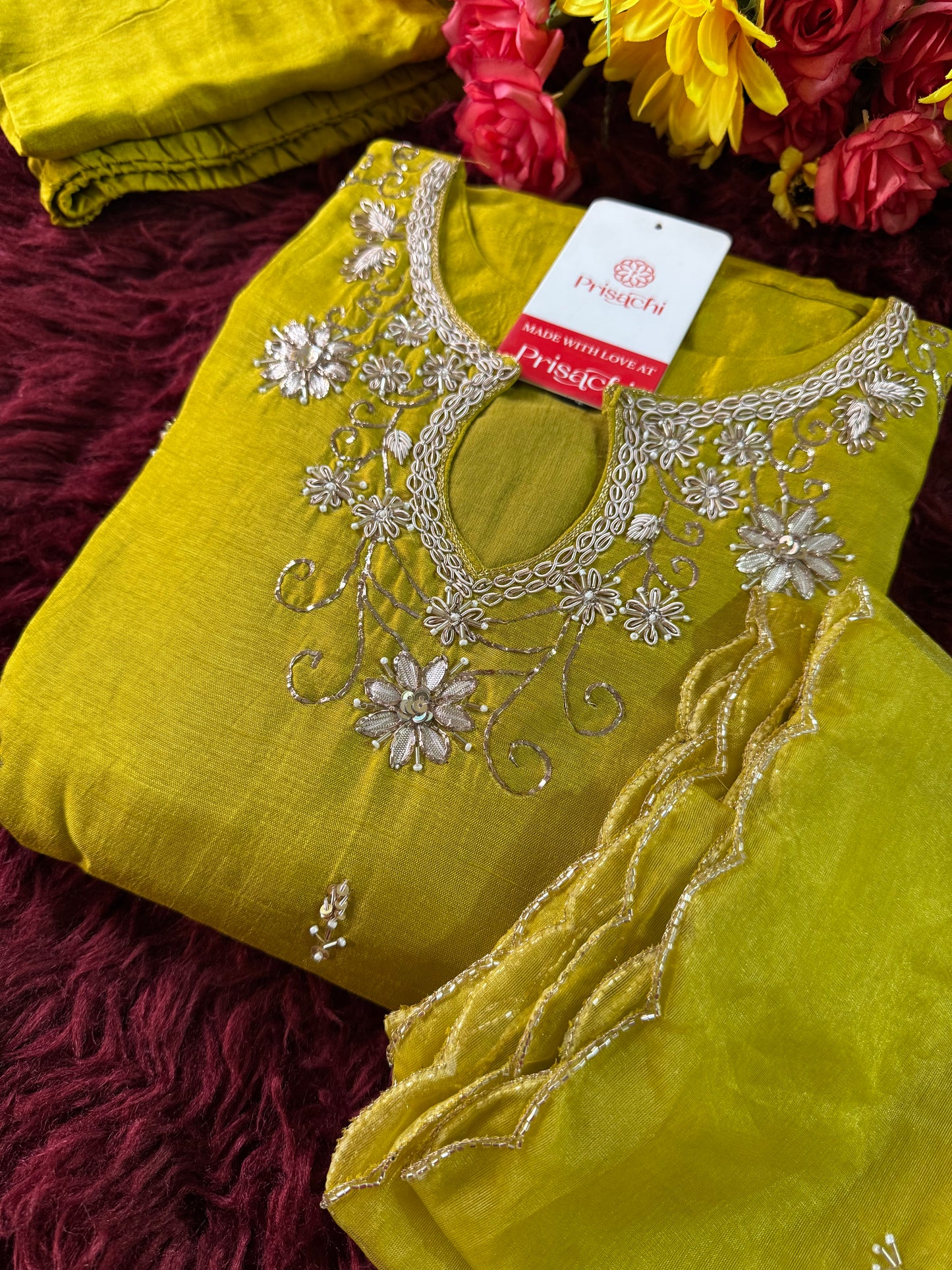 Mustard Yellow Embroidered kurta pant  with dupatta