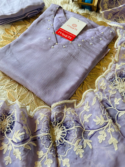 lavender Pure Chinon silk kurta set with dupatta