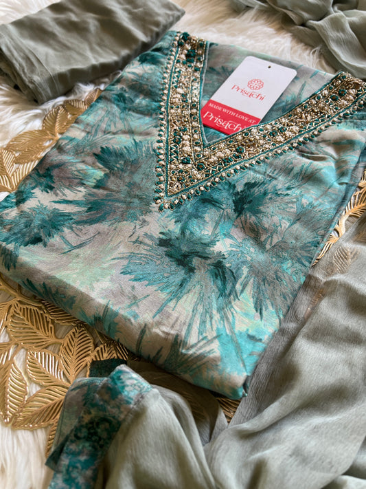 Blue Pure Chinon silk kurta set with dupatta