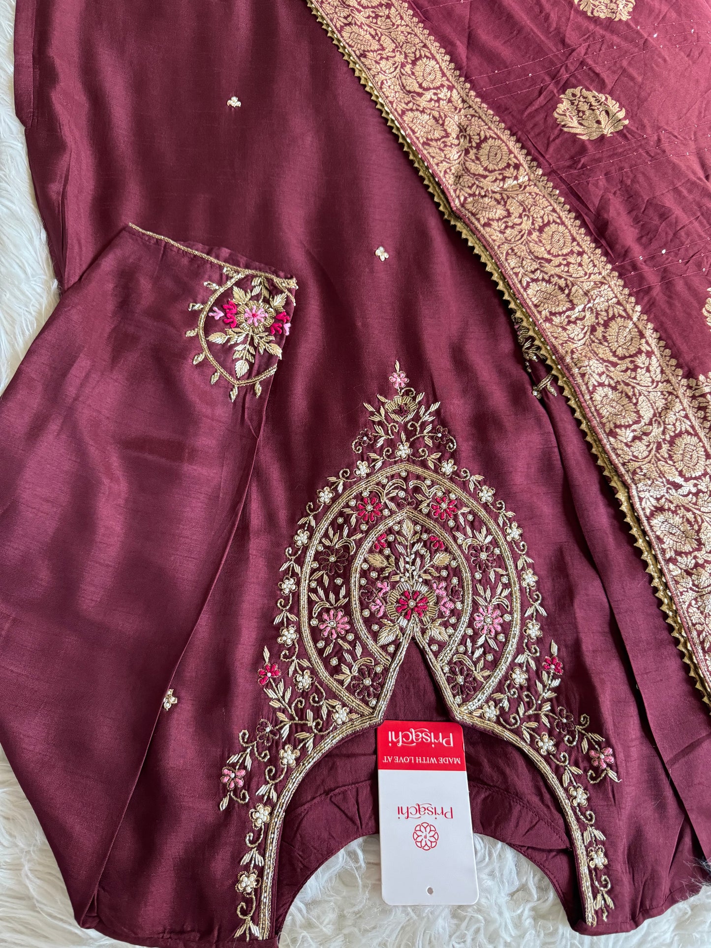 Brown hand embroidered kurta pant  with dupatta