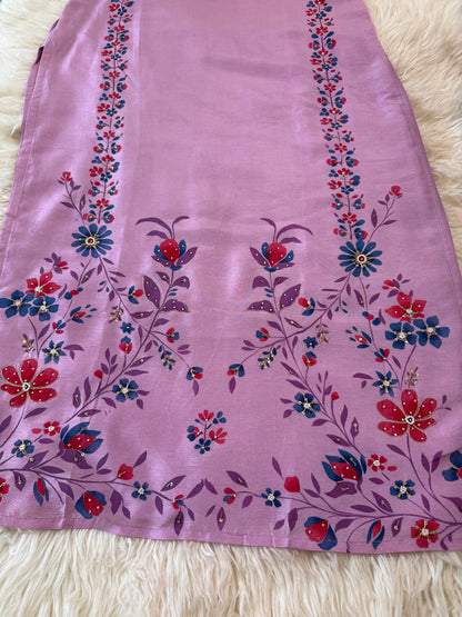 Purple cotton silk embroidered straight kurta set with dupatta