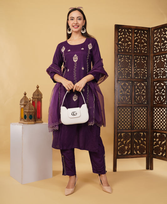 Prisachi Purple Designer Embroidered kurta set with dupatta