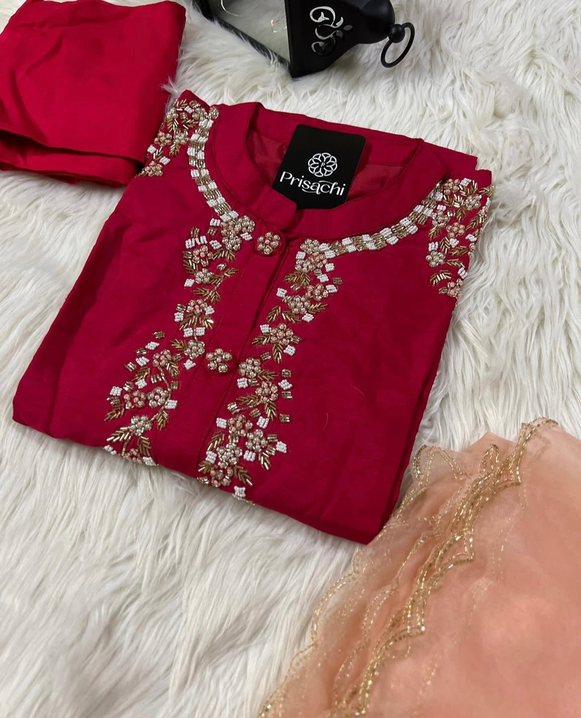 Red embroidered kurta set with dupatta