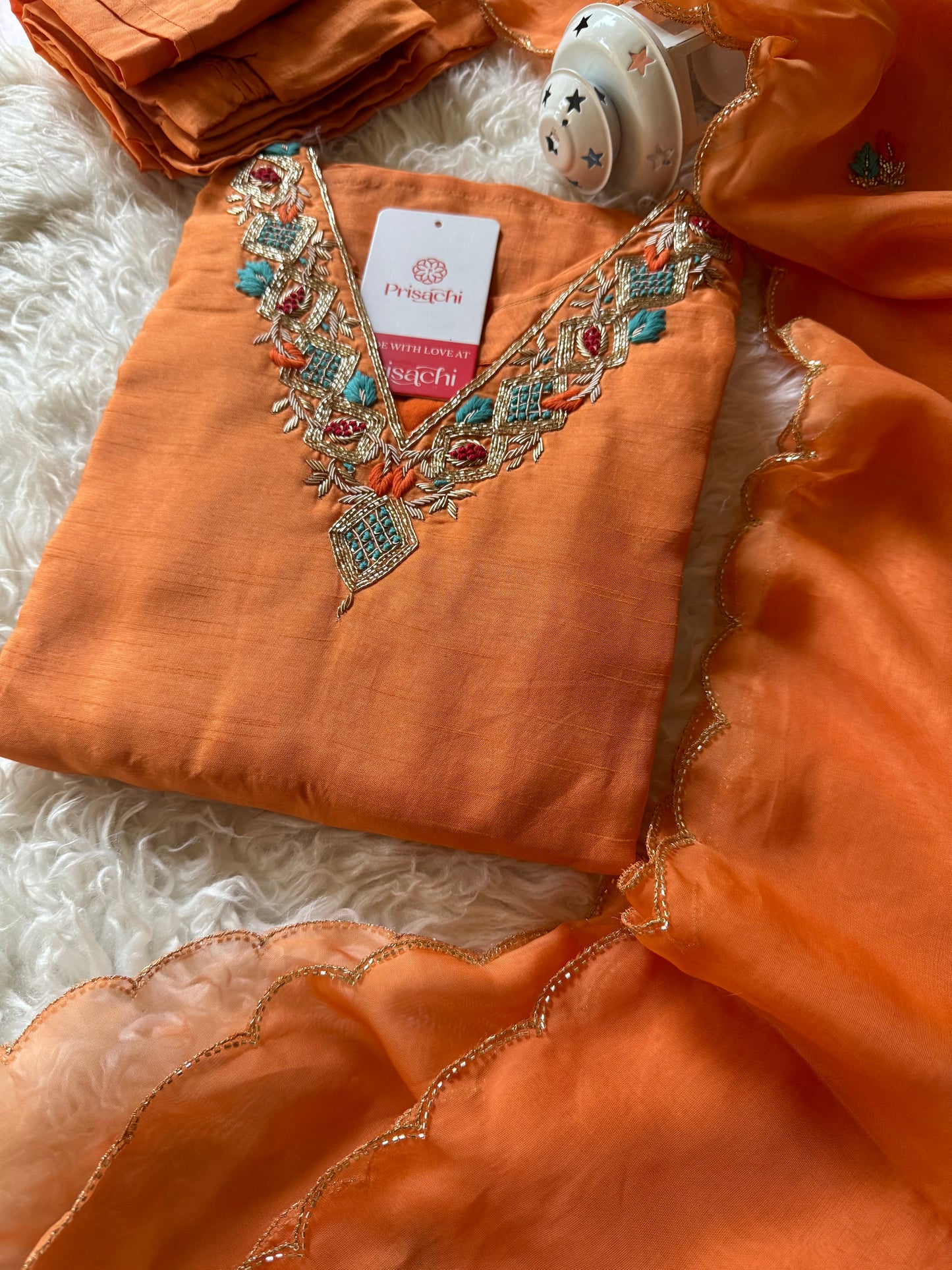 Orange Embroidered Kurta Set With Dupatta